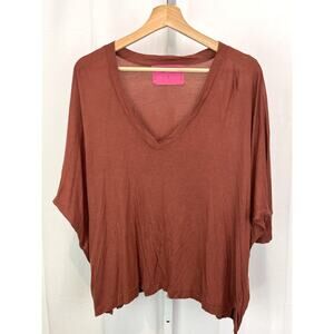 NATION LTD LA Sz S Dolman 3/4 Sleeve Boxy Oversized Tee V-Neck Shirt Rust Orange